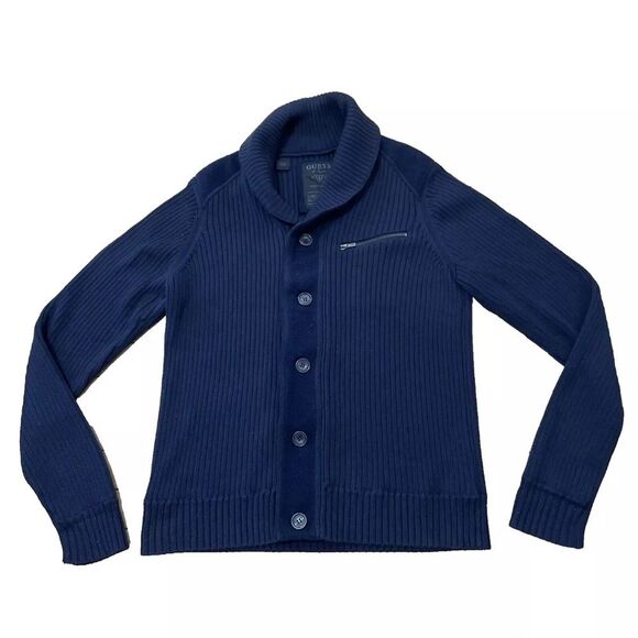 GUESS Shawl Neck Cardigan Sweater Men Preppy Ribbed Blue Zip Business Knit M - Picture 1 of 16